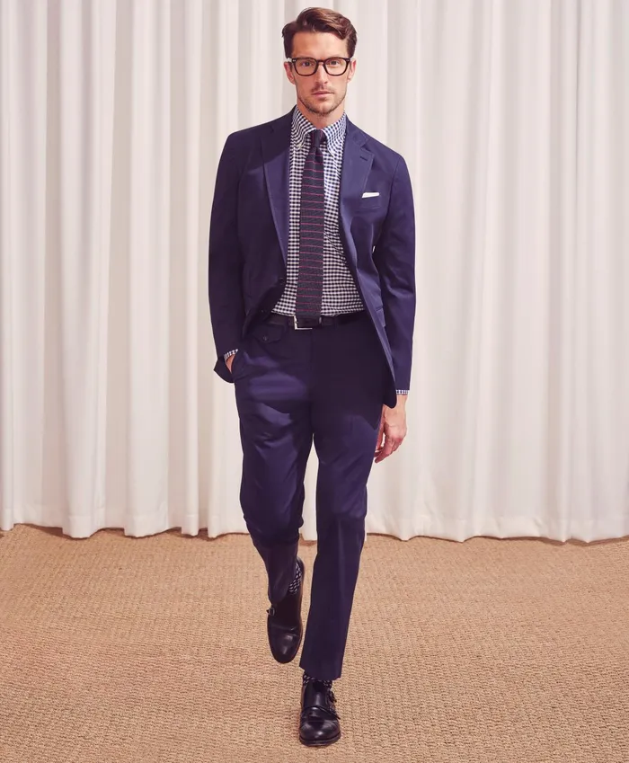 Men Regent Fit Stretch Cotton Suit Trousers Navy Brooks Brothers Suits