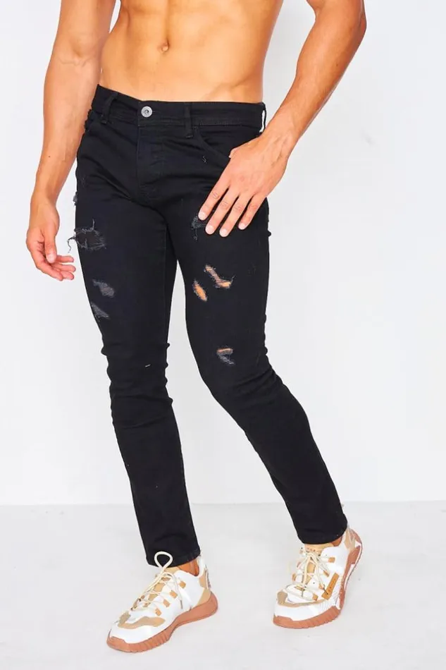 Men Ripped Jean With Lining In Black Black Brentiny Paris Jeans