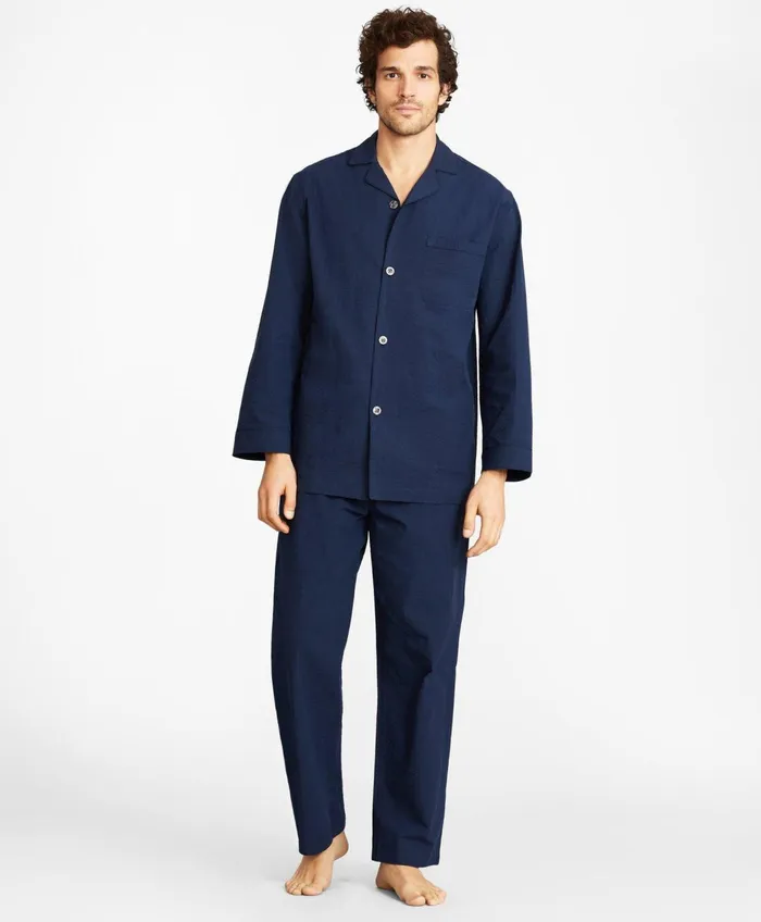 Men Seersucker Tonal Stripe Pajamas Navy Brooks Brothers Pajamas and Robes