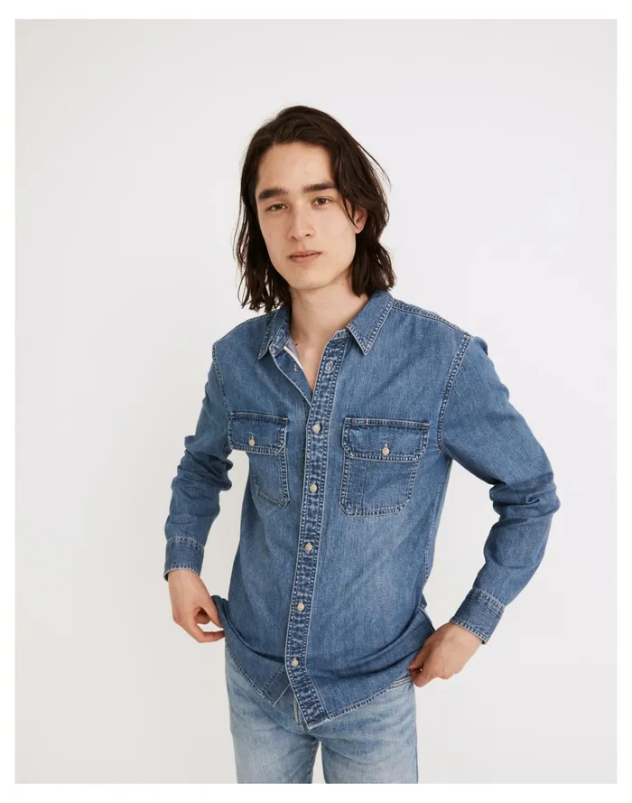 Men Selvedge Denim Perfect Long Sleeve Shirt Creswell Wash Madewell Shirts