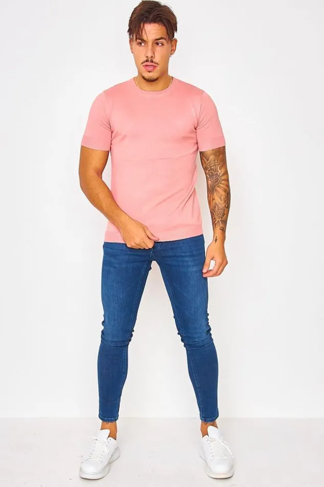 Men ShortSleeved Ribbed TShirt In Pink Pink Brentiny Paris TShirts