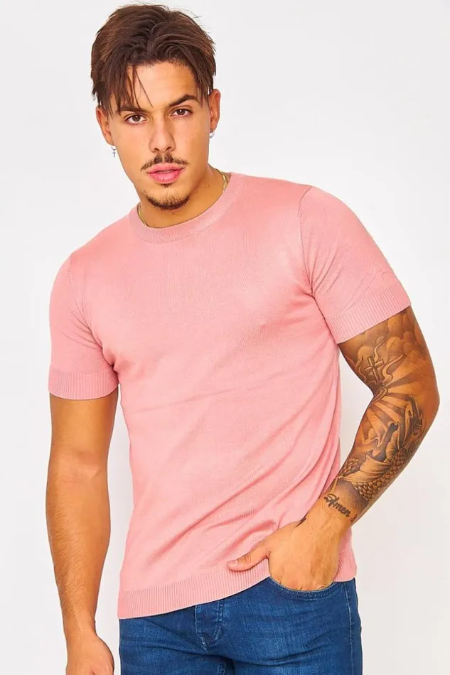 Men ShortSleeved Ribbed TShirt In Pink Pink Brentiny Paris TShirts