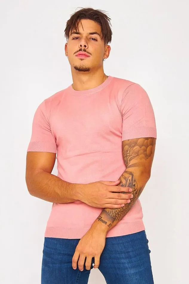 Men ShortSleeved Ribbed TShirt In Pink Pink Brentiny Paris TShirts