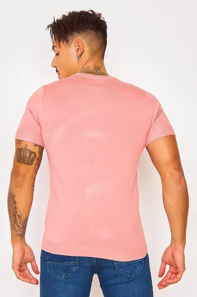 Men ShortSleeved Ribbed TShirt In Pink Pink Brentiny Paris TShirts