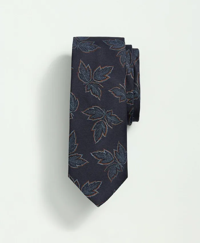 Men Silk Autumn Leaves Tie Navybrown Brooks Brothers Ties and Pocket Squares