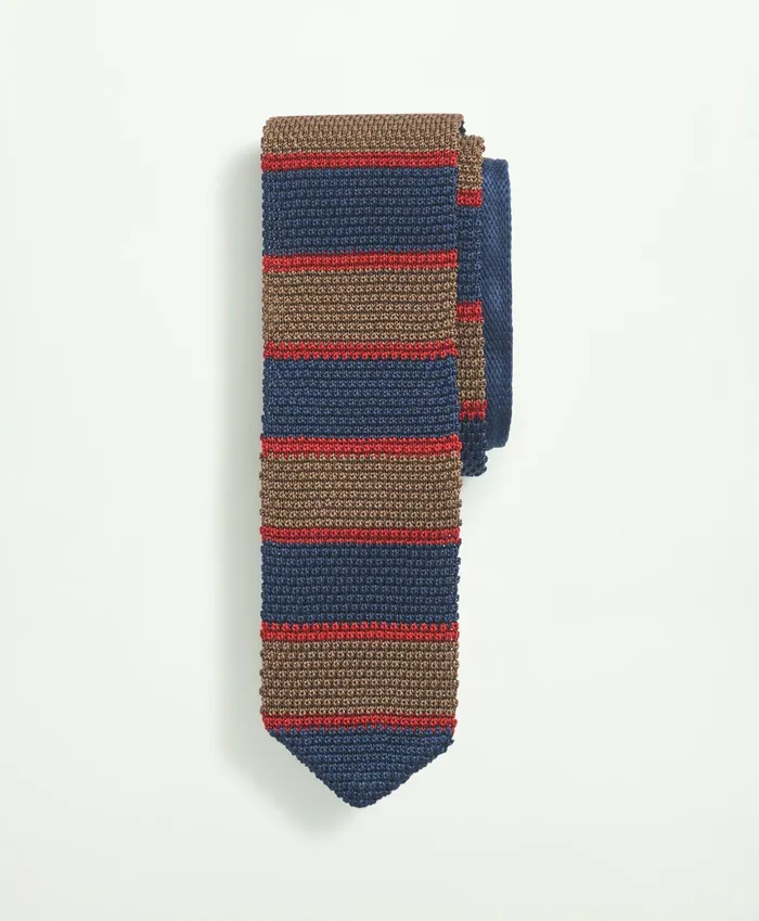 Men Silk Knit Stripe Tie Brown Multi Brooks Brothers Ties and Pocket Squares