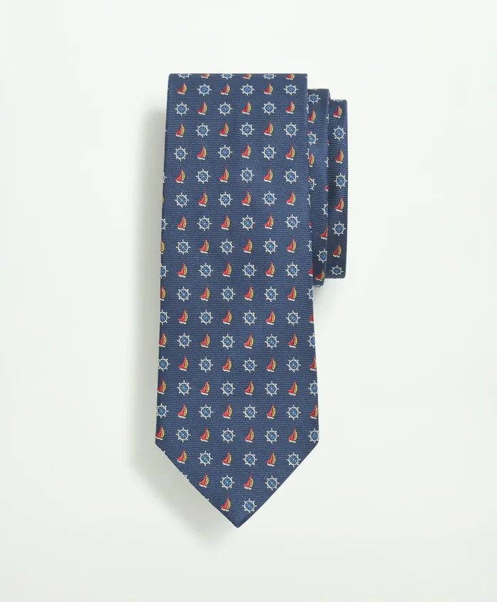 Men Silk Sailboat Pattern Tie Navymulti Brooks Brothers Ties and Pocket Squares