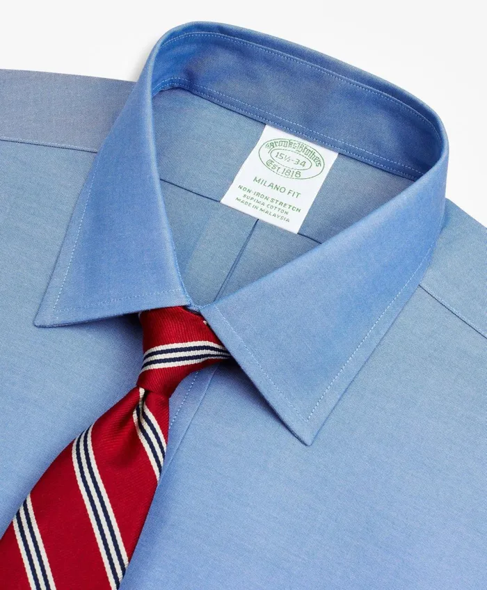Men Stretch Milano SlimFit Dress Shirt NonIron Pinpoint Ainsley Collar Blue Brooks Brothers Dress Shirts
