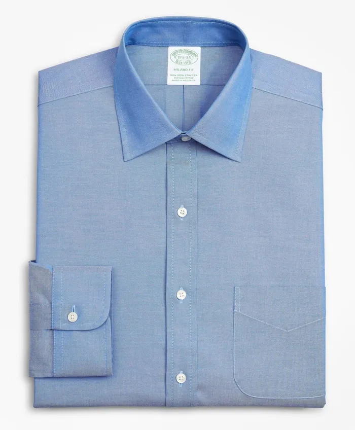 Men Stretch Milano SlimFit Dress Shirt NonIron Pinpoint Ainsley Collar Blue Brooks Brothers Dress Shirts