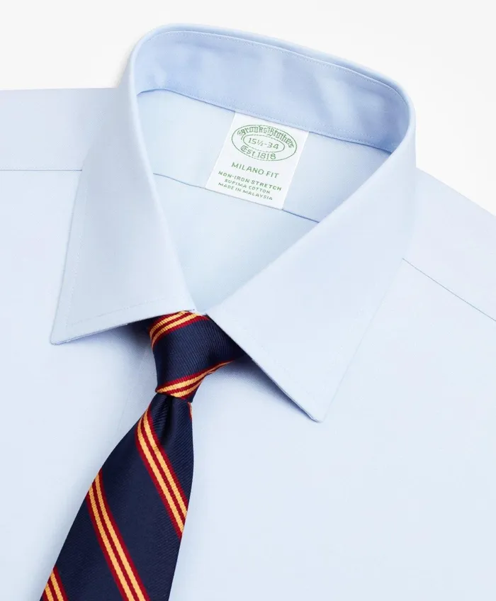Men Stretch Milano Slim Fit Dress Shirt NonIron Pinpoint Ainsley Collar French Cuff Light Blue Brooks Brothers Dress Shirts