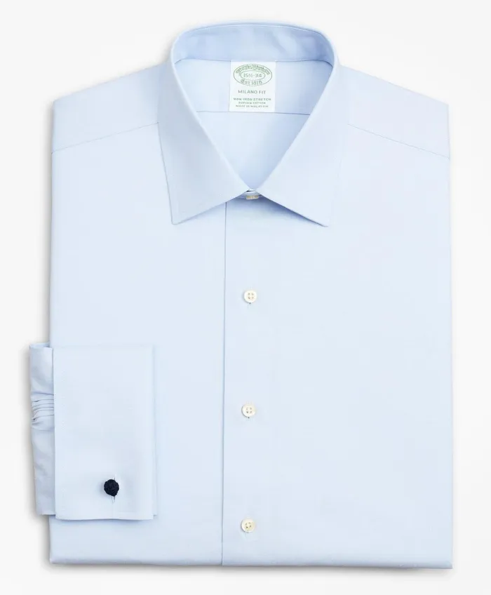 Men Stretch Milano Slim Fit Dress Shirt NonIron Pinpoint Ainsley Collar French Cuff Light Blue Brooks Brothers Dress Shirts