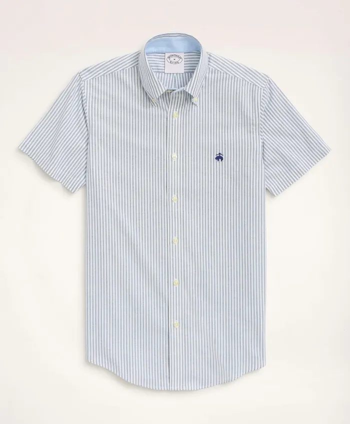 Men Stretch Regent RegularFit Sport Shirt NonIron ShortSleeve Bengal Stripe Oxford Sodalite Brooks Brothers Sport Shirts