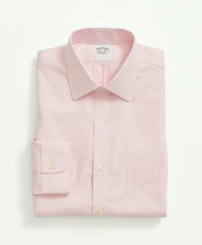 Men Stretch Supima Cotton NonIron Pinpoint Oxford Ainsley Collar Gingham Dress Shirt Pink Brooks Brothers Dress Shirts