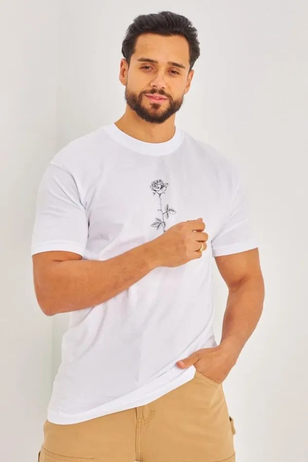 Men TShirt Fleurs 034Rose034 Blanc White Brentiny Paris TShirts
