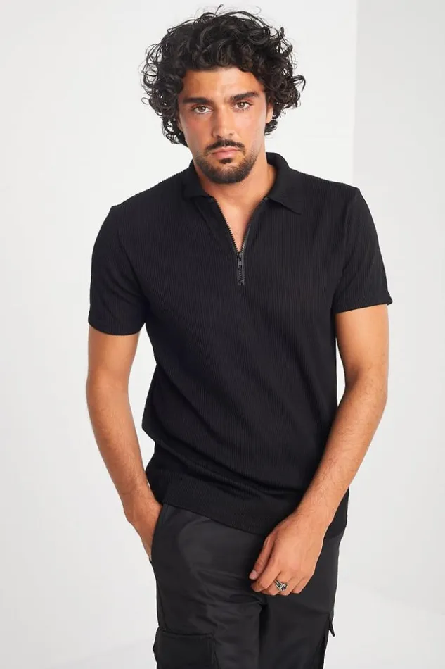 Men TShirt Pliss Col Fermeture clair Noir Black Brentiny Paris TShirts