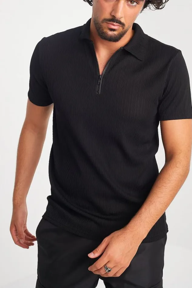 Men TShirt Pliss Col Fermeture clair Noir Black Brentiny Paris TShirts