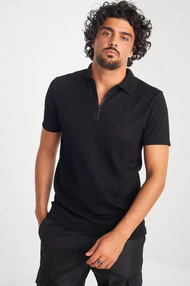 Men TShirt Pliss Col Fermeture clair Noir Black Brentiny Paris TShirts