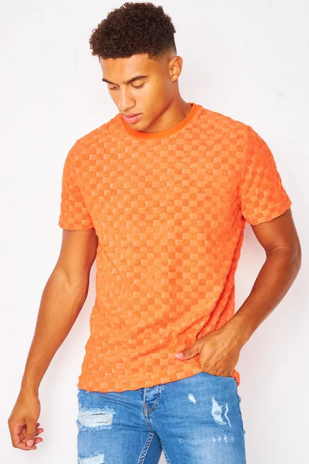 Men TShirt With Textured With Checkerboard Print In Orange Orange Brentiny Paris TShirts