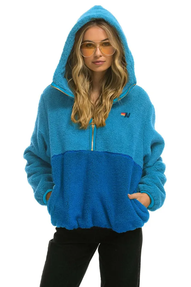 Men TEDDY UNISEX HOODED HALF ZIP COLOR BLOCK JACKET 8211 OCEAN Aviator Nation Outerwear