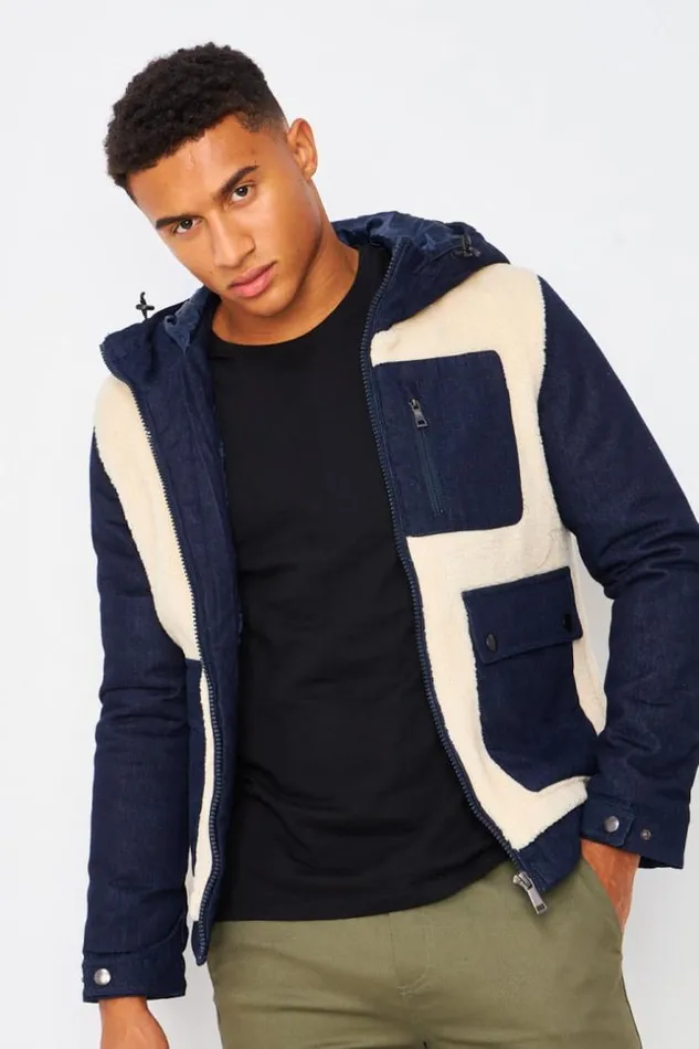 Men Two Material Teddy Borg Jacket With Jean Panels In Blue Blue Brentiny Paris Jackets Men Two Material Teddy Borg Jacket With Jean Panels In Blue Blue Brentiny Paris Jackets