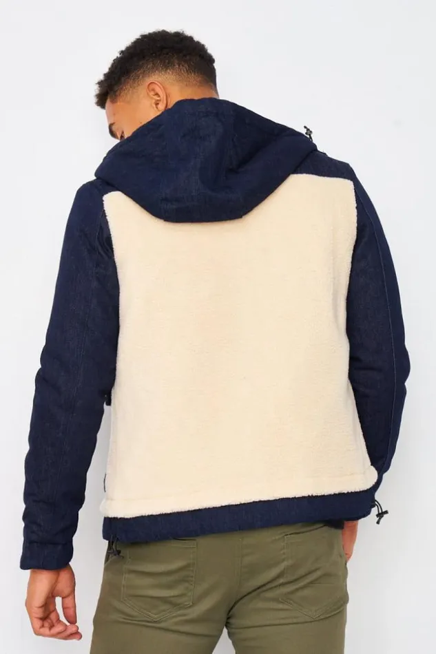 Men Two Material Teddy Borg Jacket With Jean Panels In Blue Blue Brentiny Paris Jackets