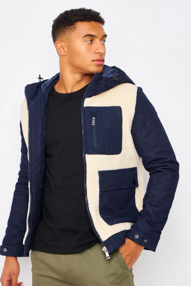 Men Two Material Teddy Borg Jacket With Jean Panels In Blue Blue Brentiny Paris Jackets