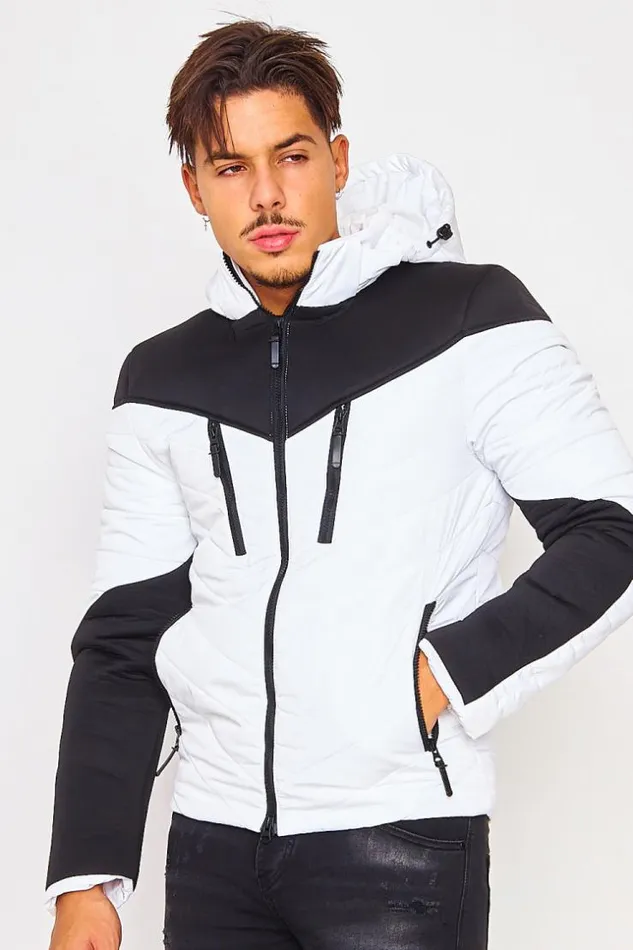 Men Two Material Thin Down Jacket In White And Black White Brentiny Paris Parkas And Down Jackets