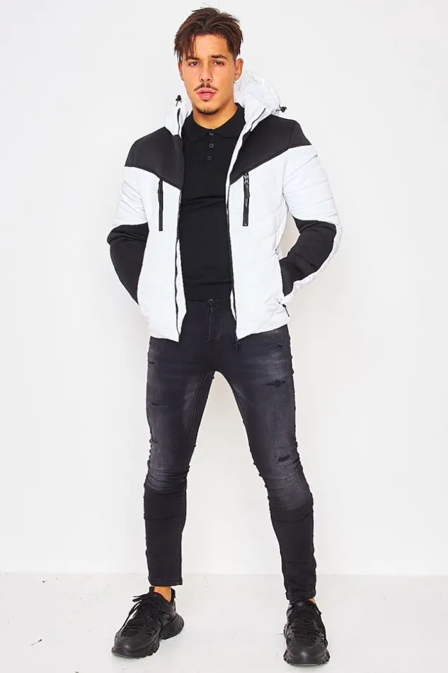 Men Two Material Thin Down Jacket In White And Black White Brentiny Paris Parkas And Down Jackets