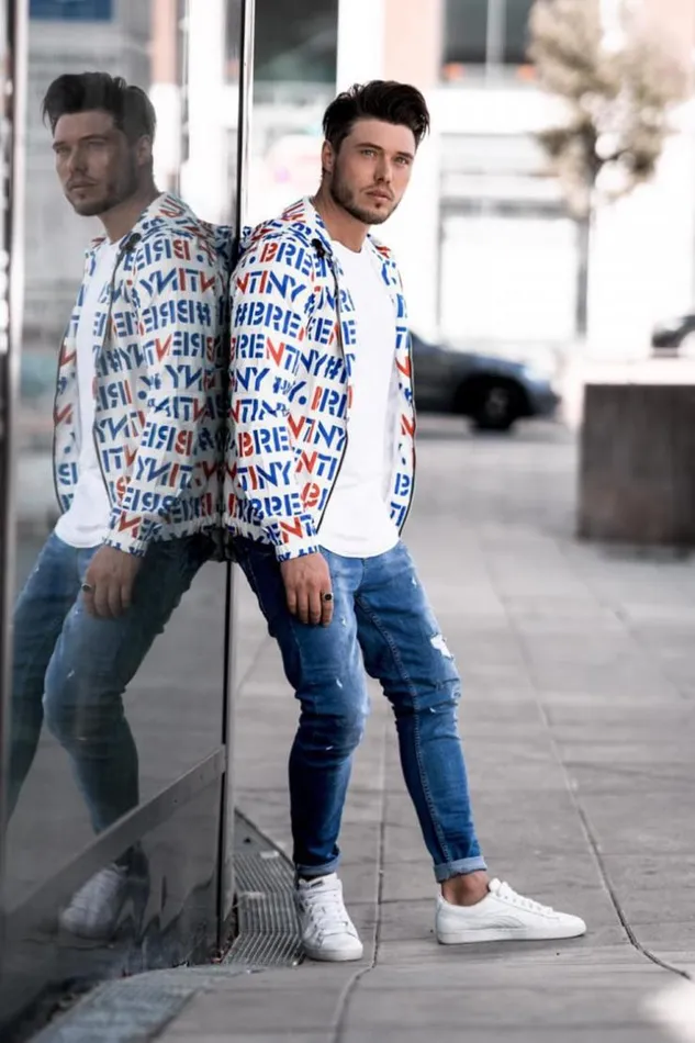 Men White Jacket With Brentiny Blue Red Print White Brentiny Paris Jackets