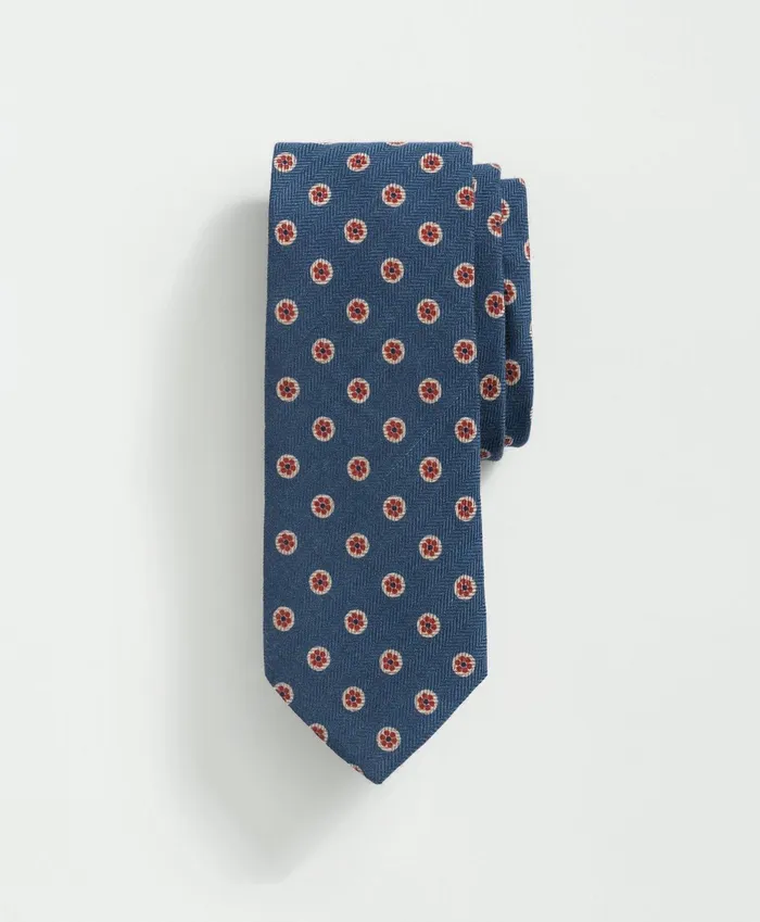 Men Wool Silk Herringbone Medallion Tie Bluered Brooks Brothers Ties and Pocket Squares