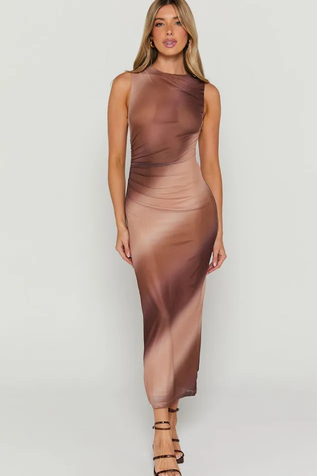 Merialyn Midi Dress 8211 High Neck Bodycon Dress In Brown Women Showpo Dresses