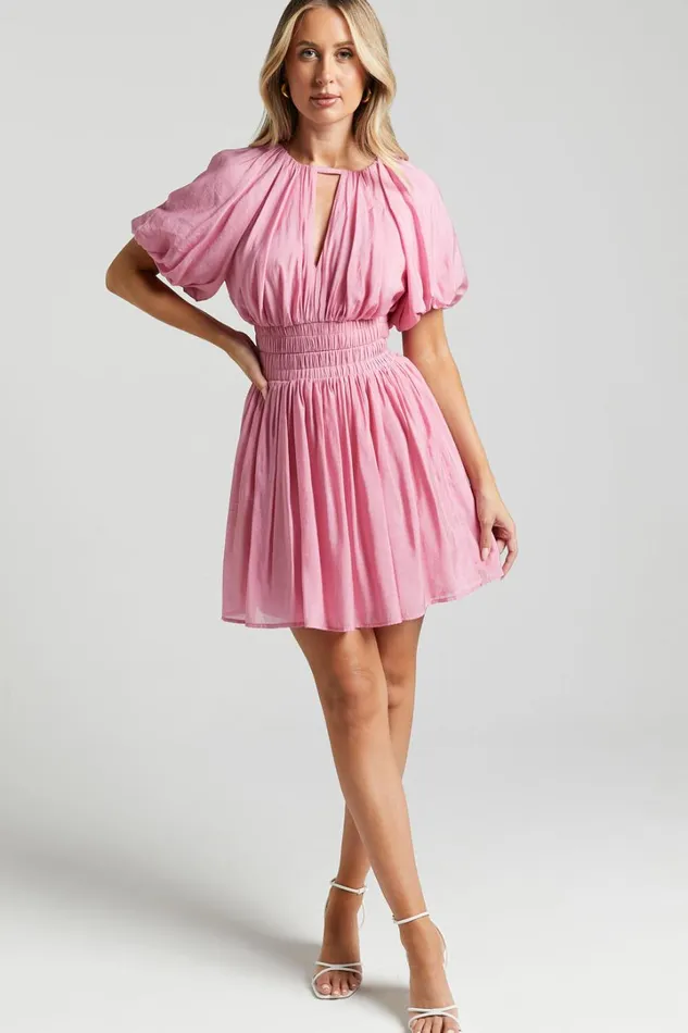 Michalka Mini Dress 8211 Blouson Puff Sleeve Elasticised Waist In Pink Women Showpo Dresses