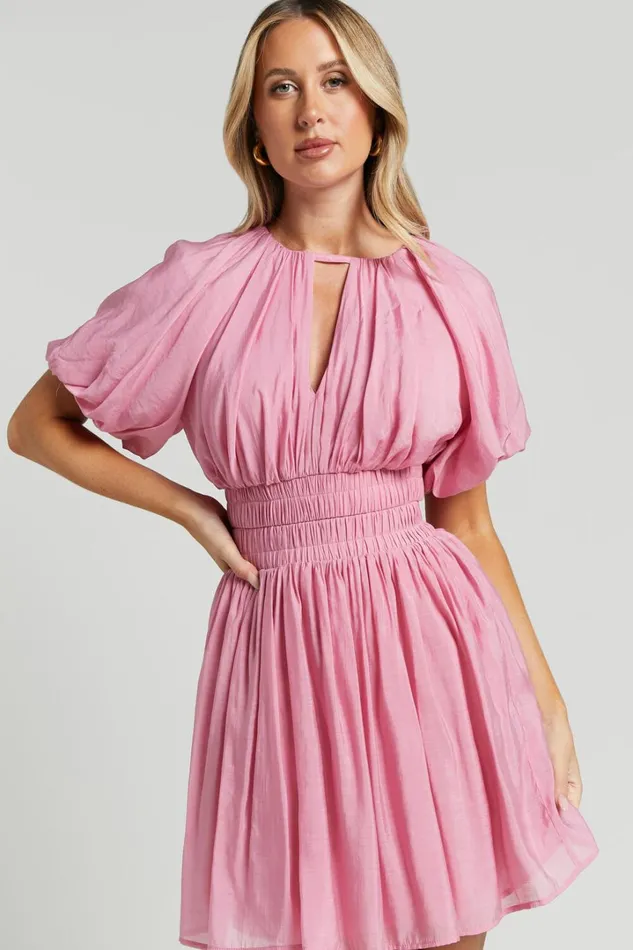 Michalka Mini Dress 8211 Blouson Puff Sleeve Elasticised Waist In Pink Women Showpo Dresses