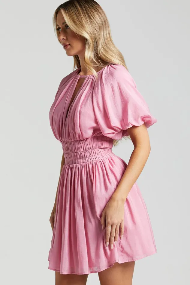 Michalka Mini Dress 8211 Blouson Puff Sleeve Elasticised Waist In Pink Women Showpo Dresses