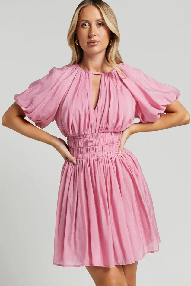Michalka Mini Dress 8211 Blouson Puff Sleeve Elasticised Waist In Pink Women Showpo Dresses