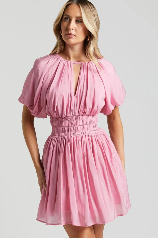 Michalka Mini Dress 8211 Blouson Puff Sleeve Elasticised Waist In Pink Women Showpo Dresses