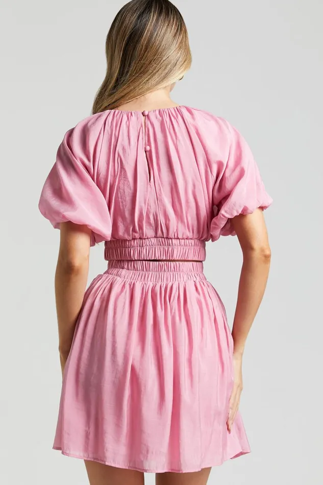 Michalka Mini Dress 8211 Blouson Puff Sleeve Elasticised Waist In Pink Women Showpo Dresses