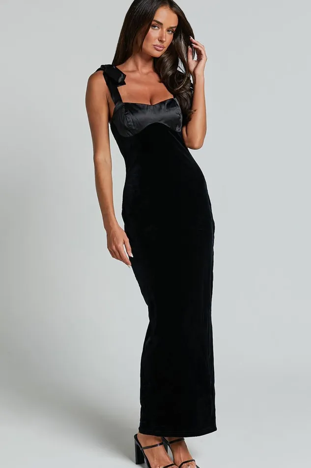 Michelle Midi Dress 8211 Tie Shoulder Satin Bust Detail Velvet Dress In Black Women Showpo Dresses