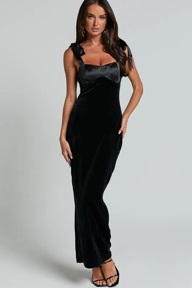 Michelle Midi Dress 8211 Tie Shoulder Satin Bust Detail Velvet Dress In Black Women Showpo Dresses