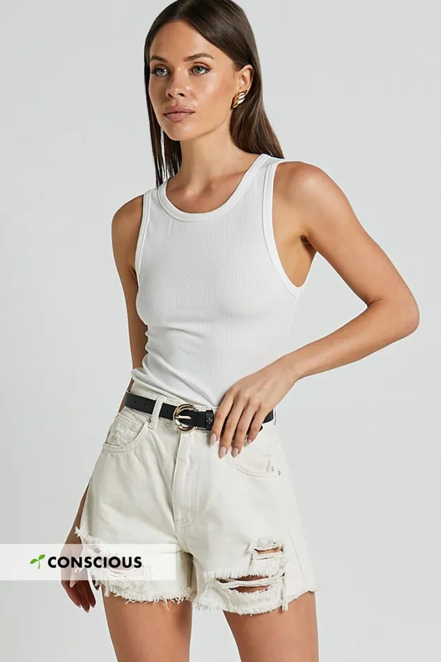 Mindae Shorts 8211 Recycled Cotton Ripped Denim Shorts In Ecru Women Showpo Denim