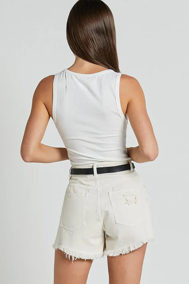 Mindae Shorts 8211 Recycled Cotton Ripped Denim Shorts In Ecru Women Showpo Denim