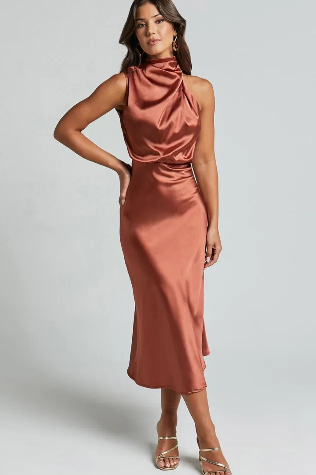 Minnie Midi Dress 8211 Drape Neck Satin Slip Dress In Copper Women Showpo Curve Clothes
