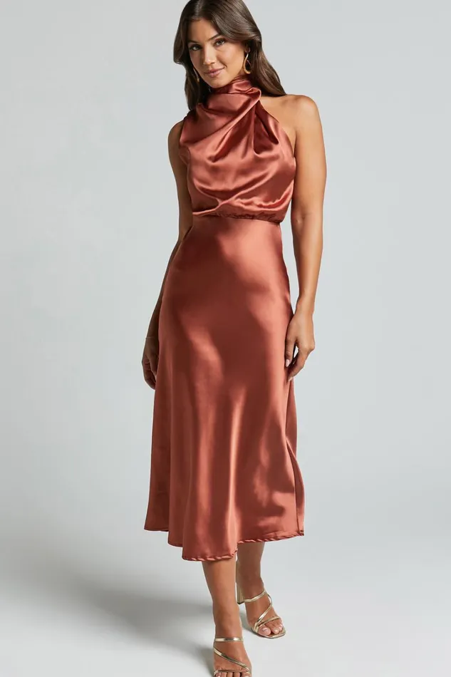 Minnie Midi Dress 8211 Drape Neck Satin Slip Dress In Copper Women Showpo Curve Clothes