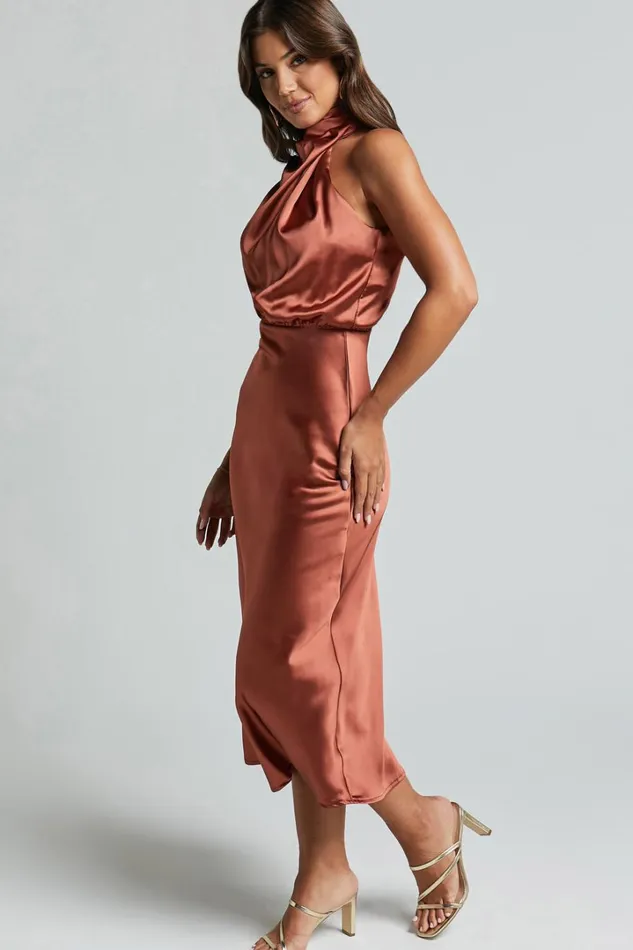 Minnie Midi Dress 8211 Drape Neck Satin Slip Dress In Copper Women Showpo Curve Clothes