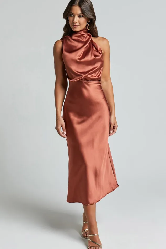 Minnie Midi Dress 8211 Drape Neck Satin Slip Dress In Copper Women Showpo Curve Clothes