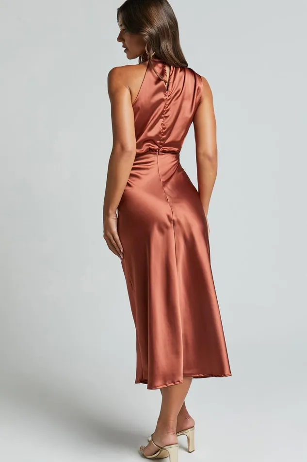 Minnie Midi Dress 8211 Drape Neck Satin Slip Dress In Copper Women Showpo Curve Clothes