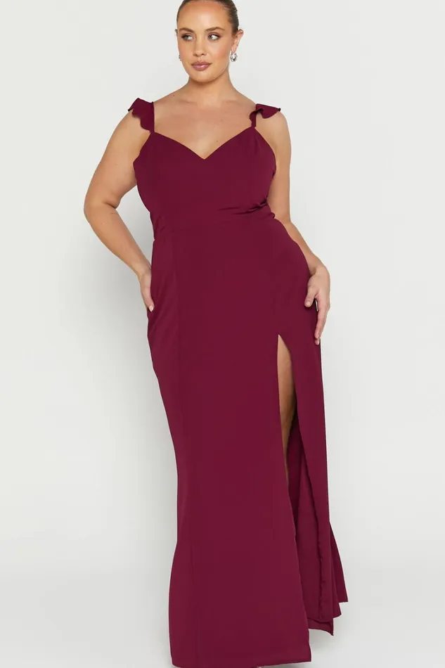 More Than This Midi Dress 8211 Ruffle Strap Thigh Split Dress In Wine Women Showpo Curve Clothes