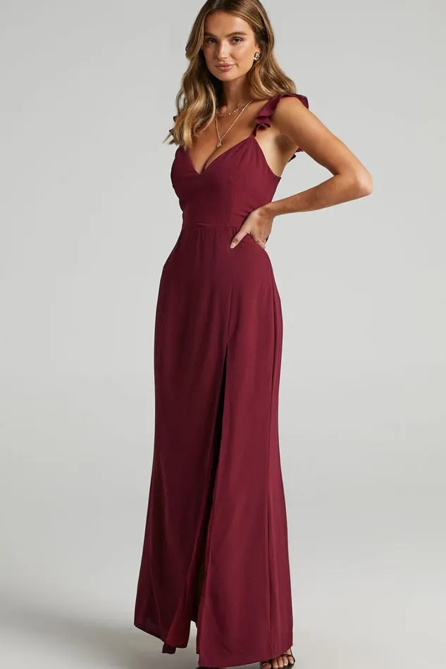 More Than This Midi Dress 8211 Ruffle Strap Thigh Split Dress In Wine Women Showpo Curve Clothes