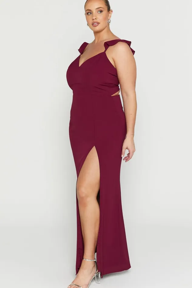 More Than This Midi Dress 8211 Ruffle Strap Thigh Split Dress In Wine Women Showpo Curve Clothes