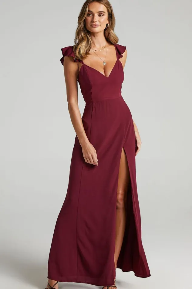 More Than This Midi Dress 8211 Ruffle Strap Thigh Split Dress In Wine Women Showpo Curve Clothes